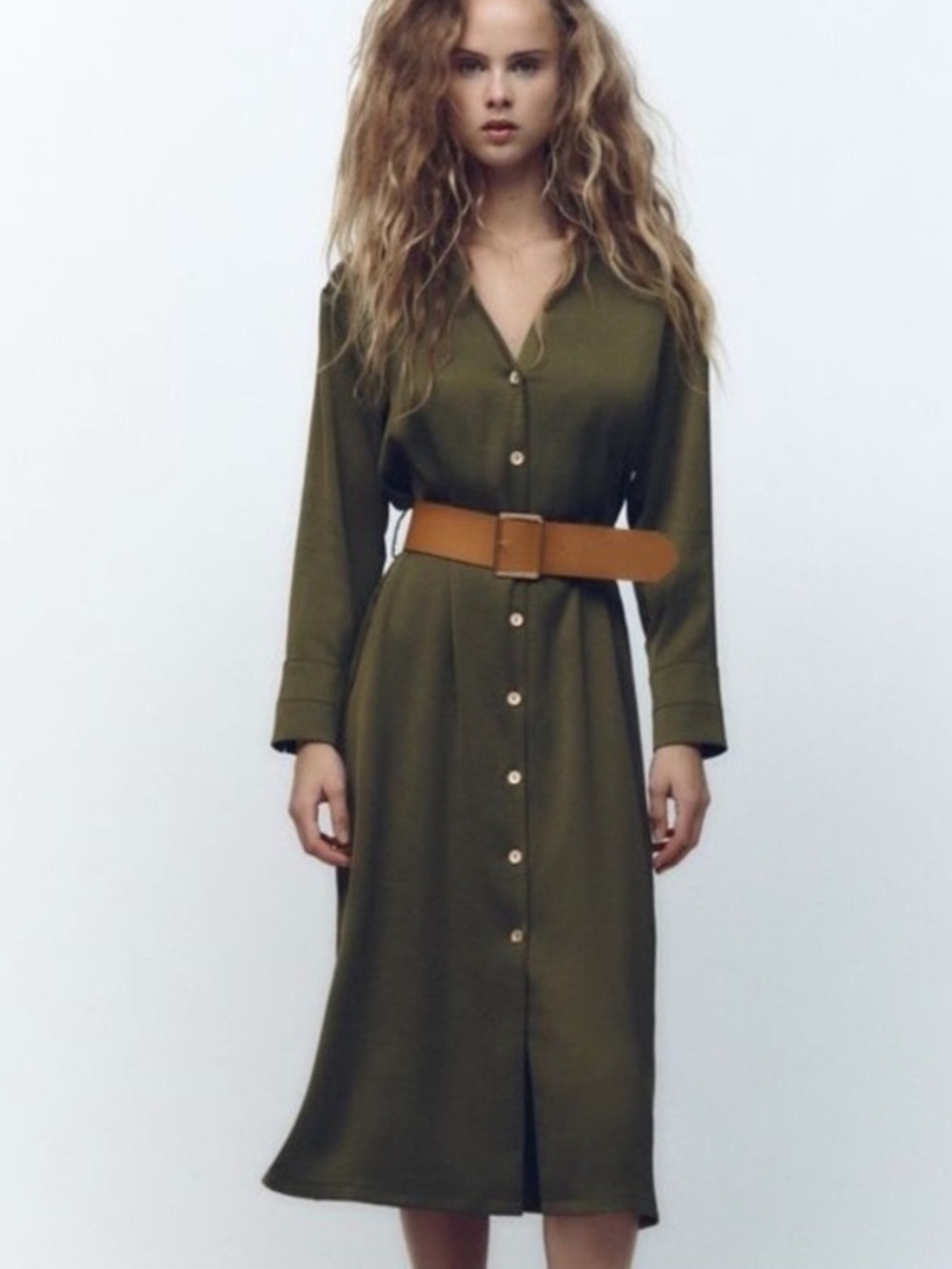 Brown Long-Sleeve Button-Front Midi Dress